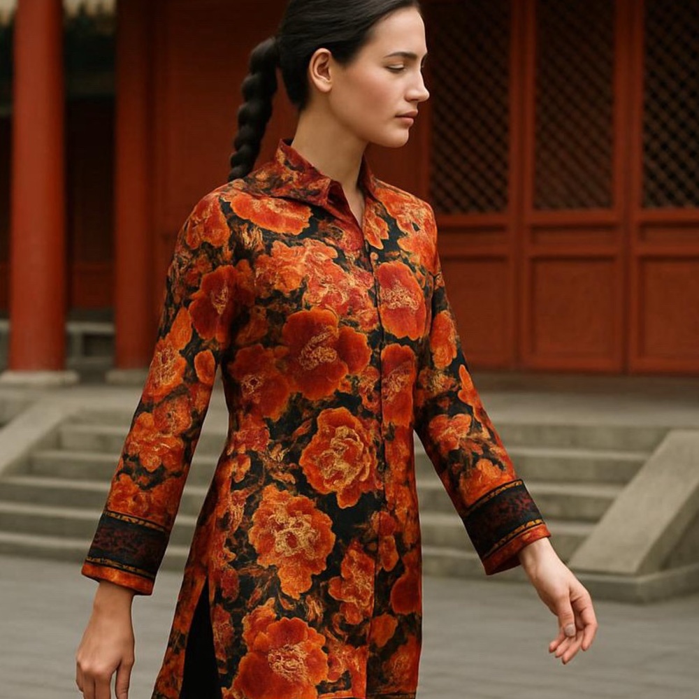 VTG CHICO'S SILK ASIAN INSPIRED TUNIC W MANDARIN COLLAR VELVET & BEADED CUFF M